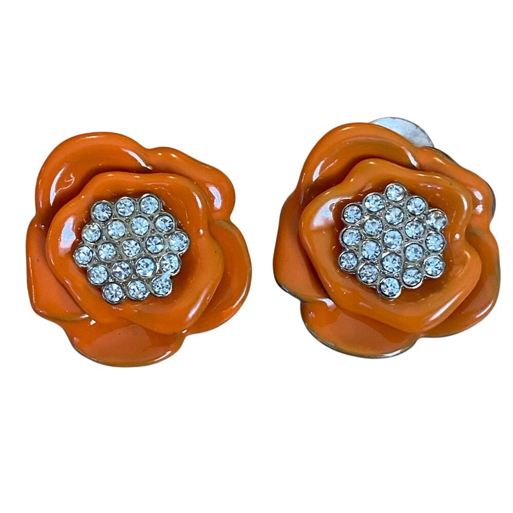 Orange Flower Clip-On Earrings With Rhinestone Center